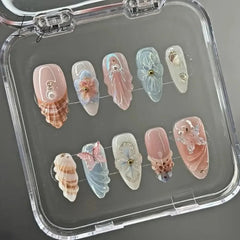 10Pcs Handmade Manicure Medium Almond Ballet Fake Nails Shell Limite Nails Press On Nails Design with Adhesive Nail File Set