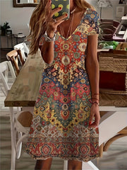 Boho Chic V-Neck Dress - Vibrant Floral Print - Comfy Short Sleeves - Perfect for Spring & Summer Fashion