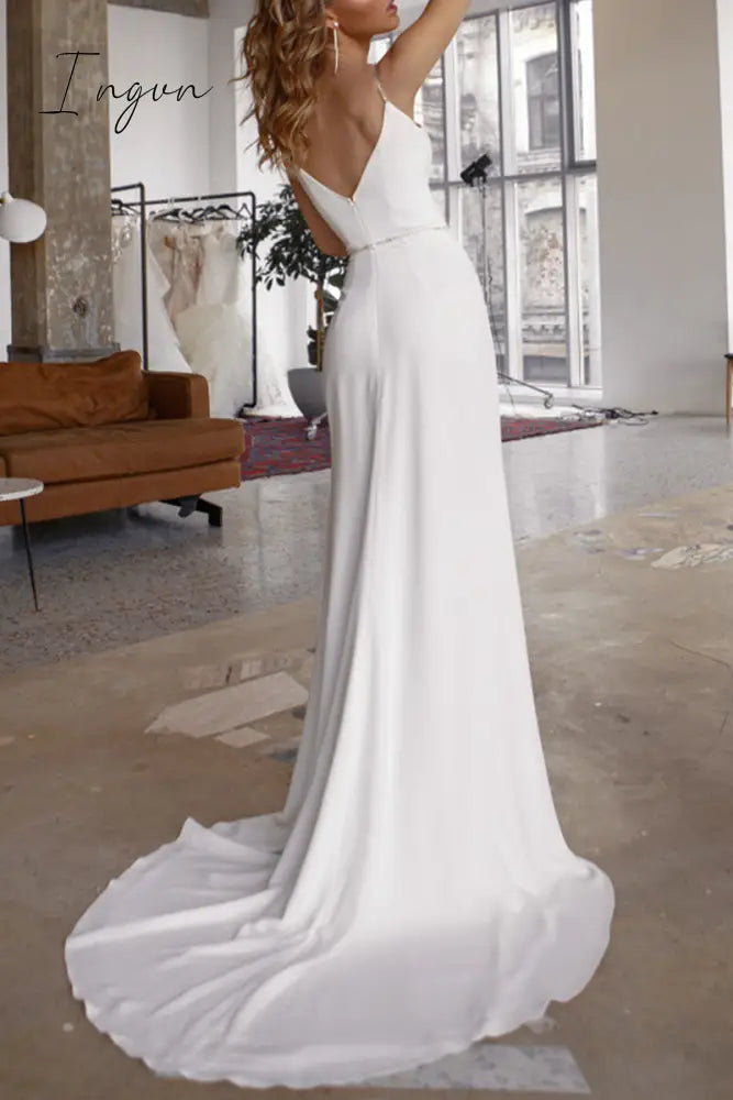 Ingvn - Sexy Elegant Solid Slit V Neck Evening Dress Dresses