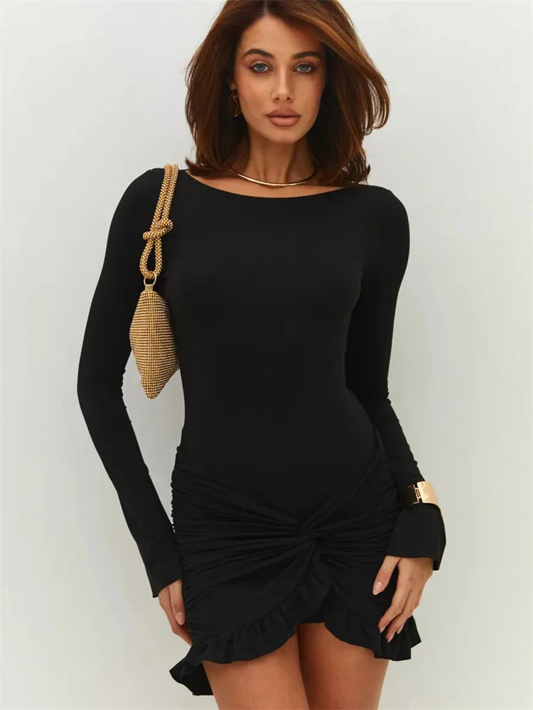 Ruffled Twist Skinny MIni Dress Women's Long Sleeve Patchwork High Waist Sexy Fashion Party Dress Female Y2k Bodycon Dress