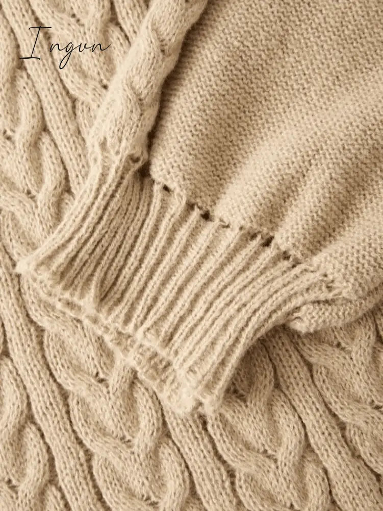Ingvn - V Neck Cable Knit Long Sleeve Mini Dress