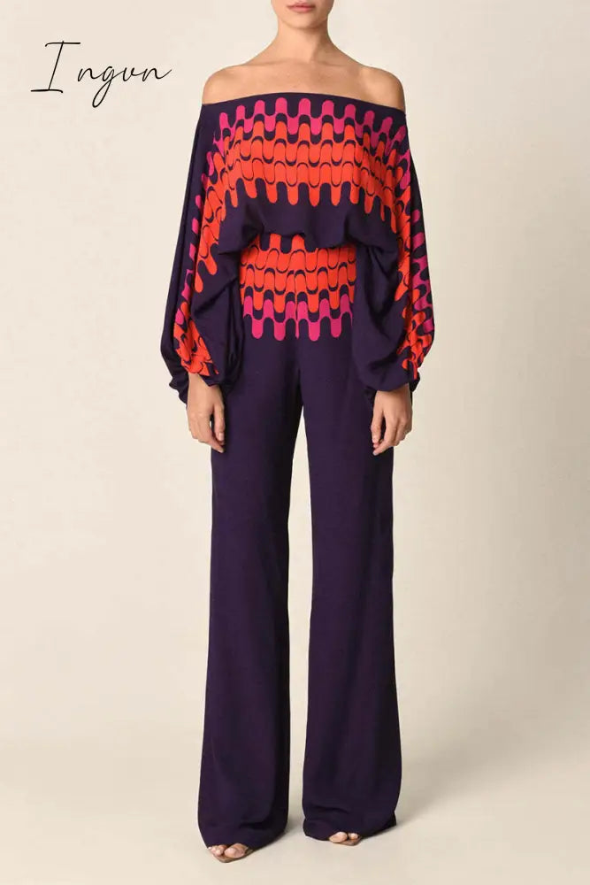Ingvn - Casual Elegant Print Patchwork Off the Shoulder Long Sleeve Two Pieces(13 Colors)
