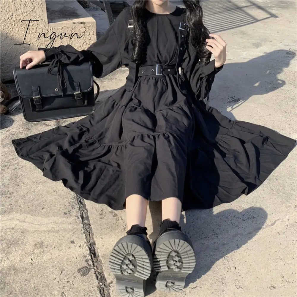 Ingvn - Gothic Style Dress Women Harajuku Gothic Lolita Kawaii Dress Punk Cute Long Sleeve Black Midi Dress Emo Mall Goth
