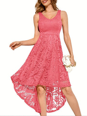 Solid Lace Asymmetrical Hem Dress, Elegant Sleeveless Aline Tank Dress For Wedding Party, Women's Clothing