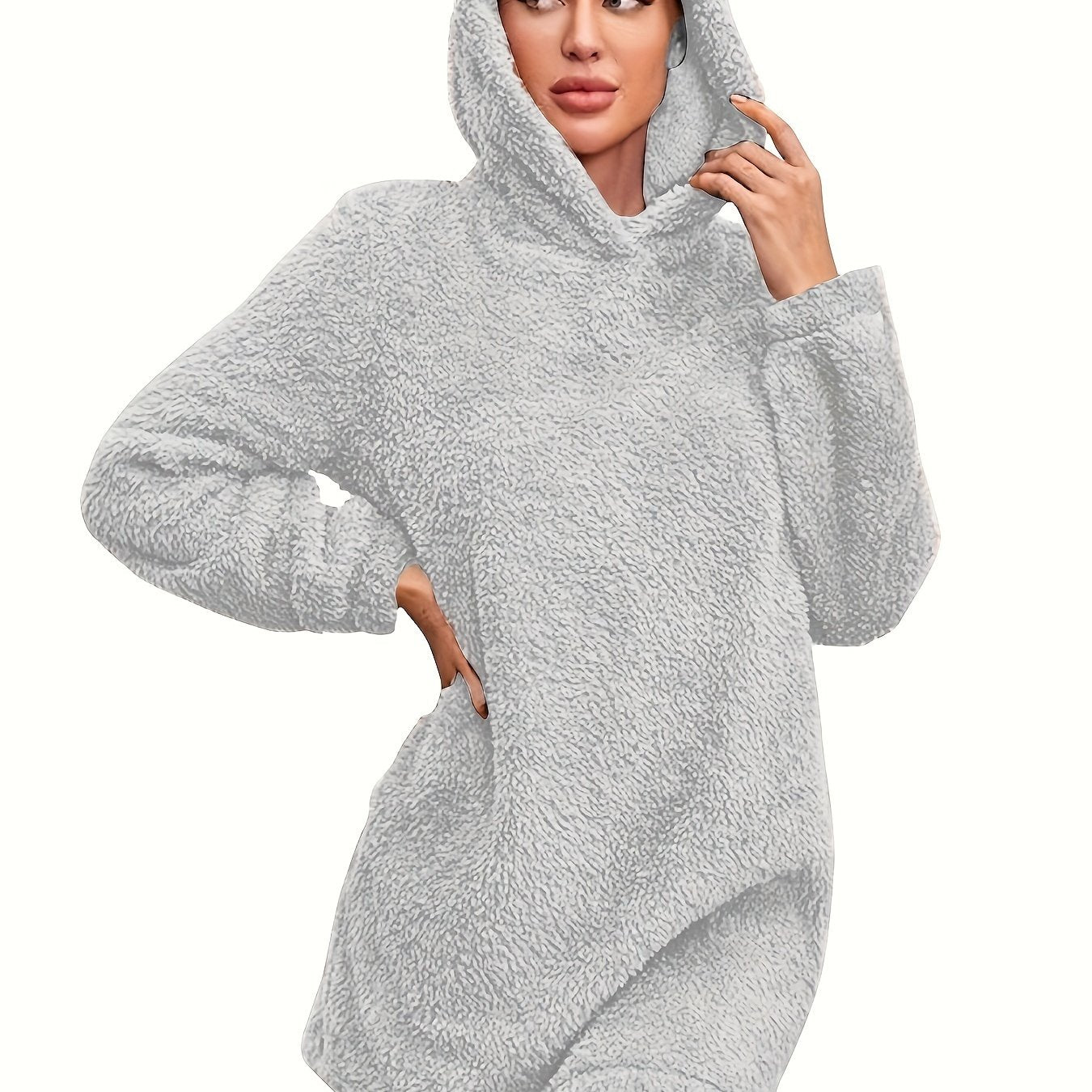 Cozy Fuzzy Solid Color Loose Fit Hooded Dress - Women's Casual Long Sleeve Dresses for Fall & Winter - Soft, Warm, and Comfortable Clothing for Everyday Wear