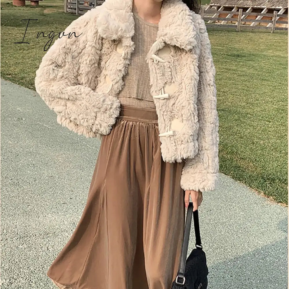 Ingvn - Elegant Winter Plush Jacket Women Warm Kawaii Korean Fashion Office Ladies Coat All-Match Vintage Harajuku Girls Cardigan