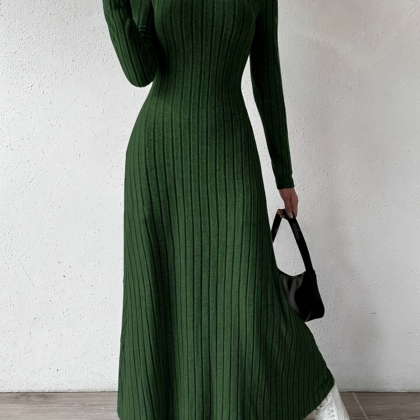 Long Sleeve Ankle Ribbed Crew Neck Sweater Dress for Fall & Winter, Elegant Women's Clothing