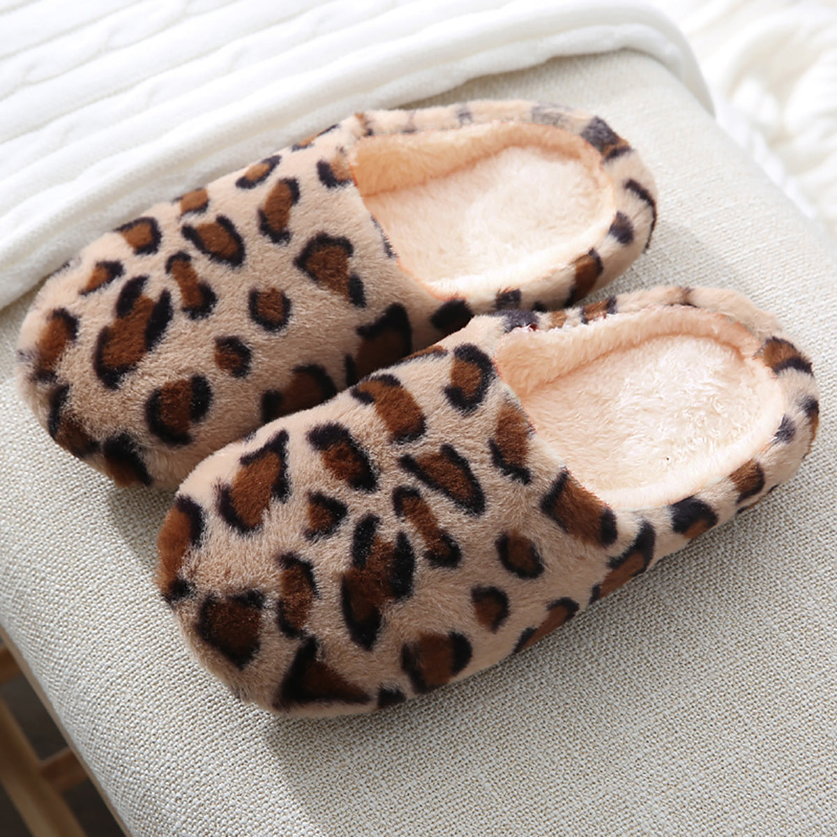 Cozy Leopard Print Womens Fluffy Slippers - Soft, Breathable, and Comfortable Fabric Upper and Insole - Anti-Slip Fabric Sole, Easy Slip-On Design for Indoor Use