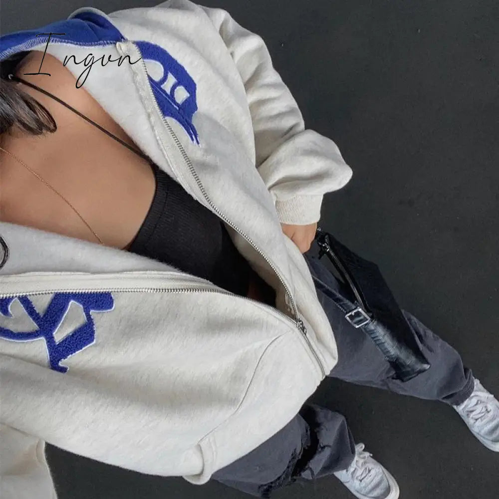 Ingvn - Spring Y2K Streetwear Women's Letter Embroidery Printing Punk Oversized Hoodie Women Hip Hop Couple Gray Zipper Sweatshirt Women