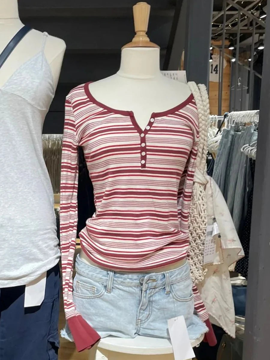 Red Striped Six Buttons Long Sleeve T-shirts Women Spring O-neck Cotton Slim Tee Shirt New Preppy Sytle Sweet Tshirt Y2k Tops