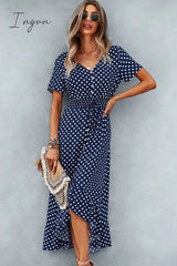 Ingvn - Polka Dot Ruffle Hem V-Neck Short Sleeve Midi Dress