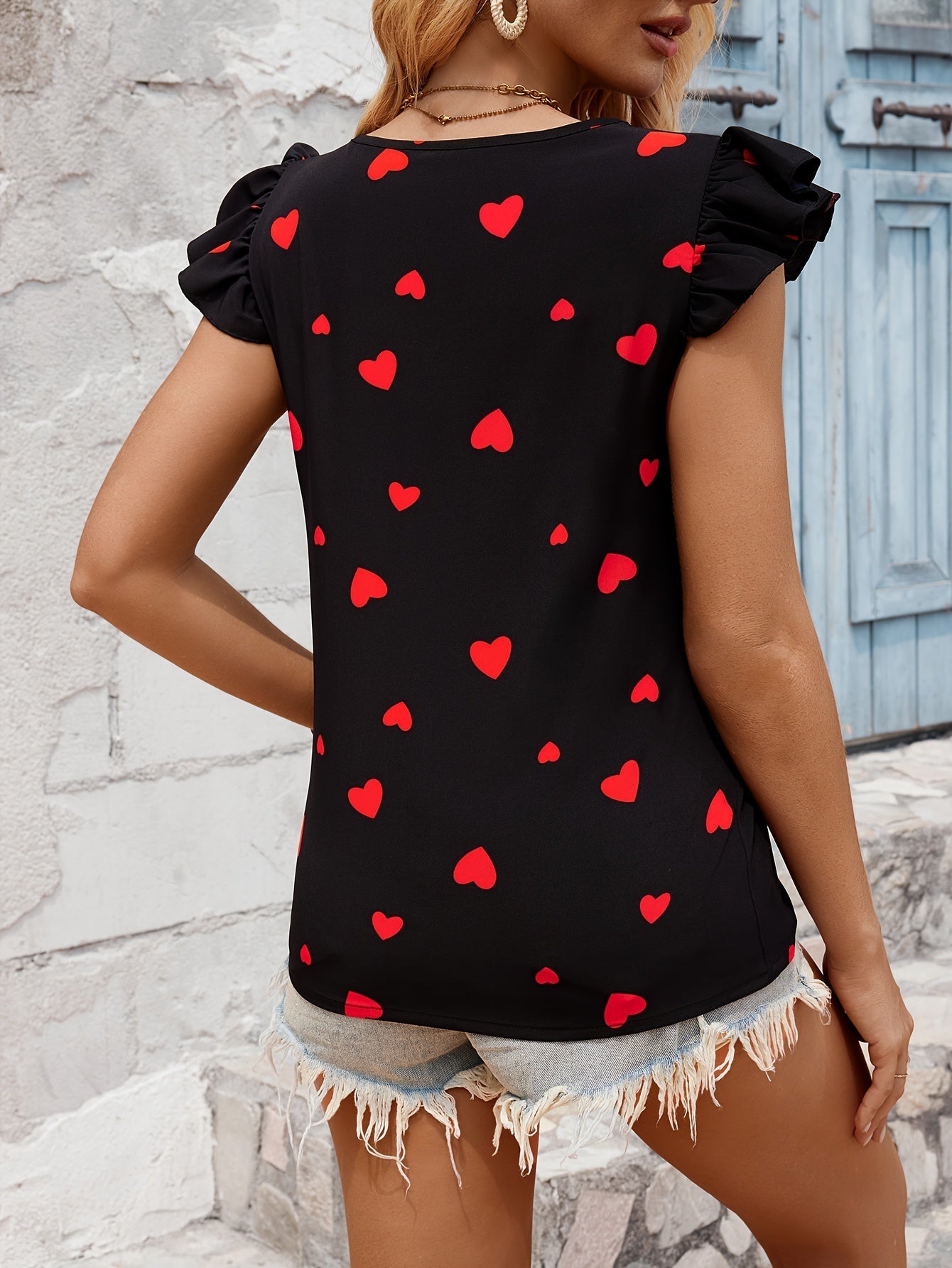Heart Print Ruffle Trim Blouse, Casual V-neck Blouse For Spring & Summer, Women's Clothing
