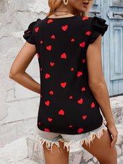 Heart Print Ruffle Trim Blouse, Casual V-neck Blouse For Spring & Summer, Women's Clothing