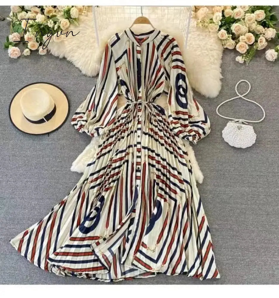 Ingvn - Retro spring and autumn new retro temperament breasted bow halter dress women's long-sleeved irregular knee-length dress