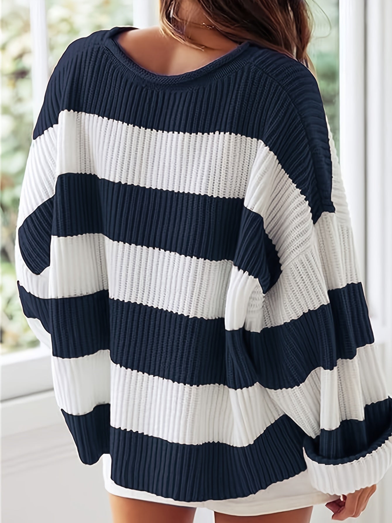 Cozy Striped Crew Neck Pullover Sweater - Soft, Casual, and Versatile Long Sleeve Drop Shoulder Rib-Knit Acrylic Top with Slight Stretch, Fashionable Loose Fit, and Easy Care for All Seasons