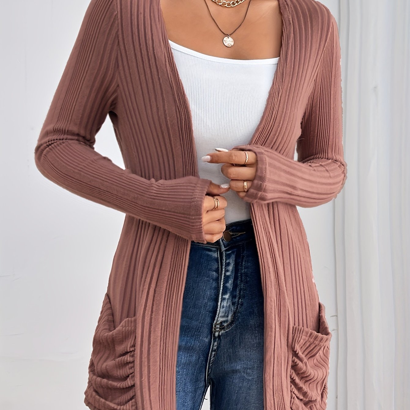 Solid Open Front Rib Knit Cardigan, Casual Long Sleeve Slim Cardigan With Pocket, Women's Clothing