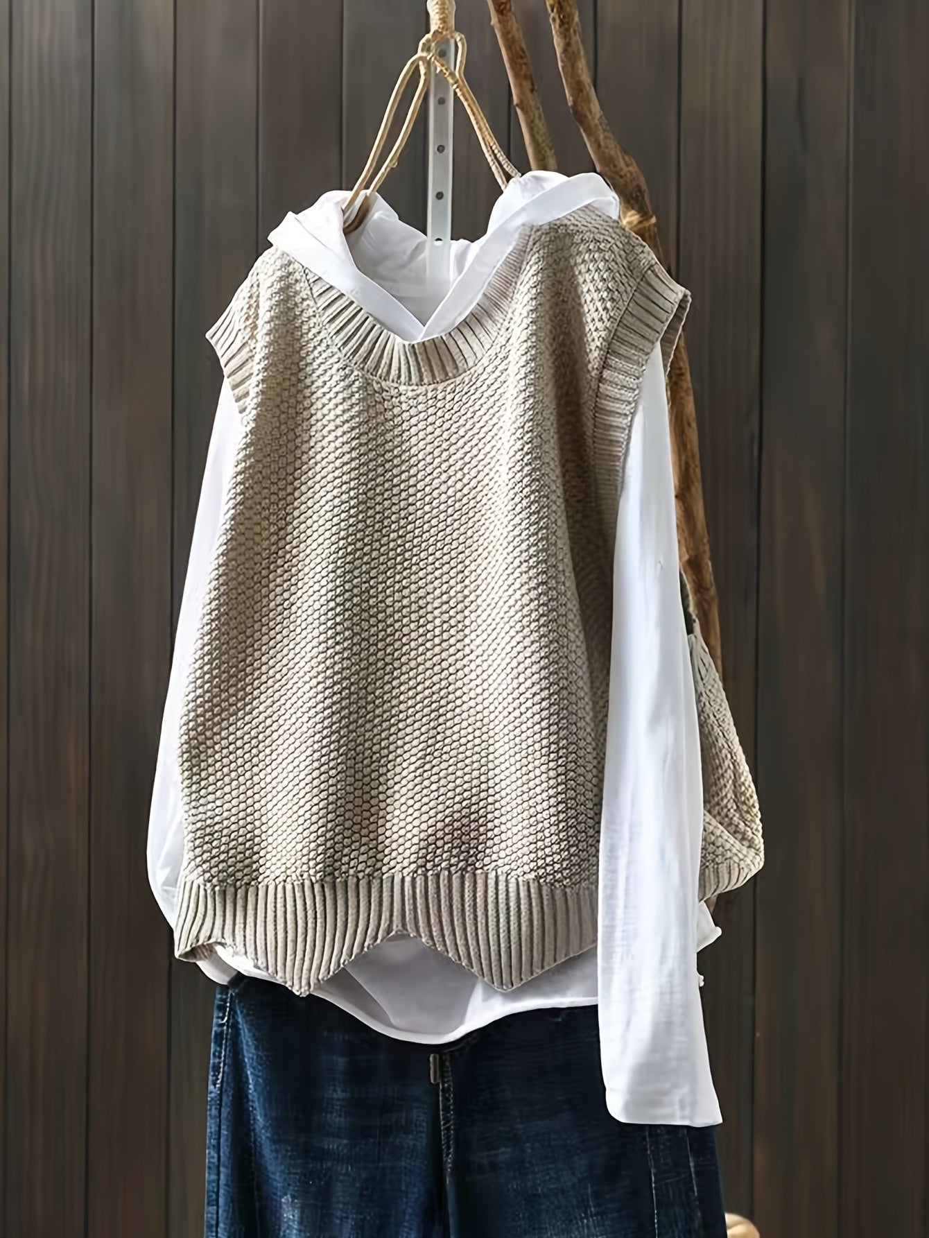 Solid Crew Neck Knitted Vest, Casual Sleeveless Loose Sweater, Women's Clothing