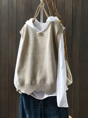 Solid Crew Neck Knitted Vest, Casual Sleeveless Loose Sweater, Women's Clothing