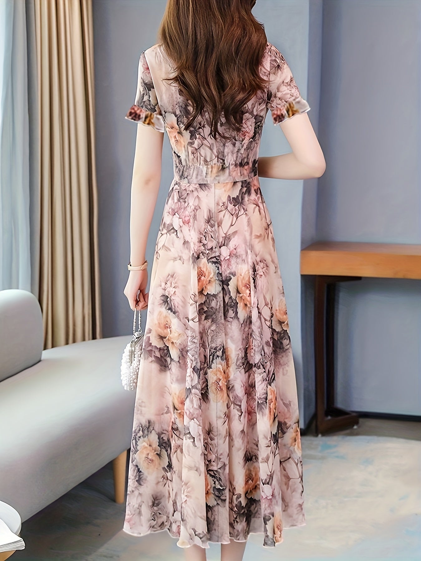 Vibrant Floral Print Crew Neck Dress - Elegant Short Sleeve, Comfortable, Breathable, Spring & Summer Essential - Women's Clothing for Chic, Elegant Dressing, Perfect for Outdoor Activities