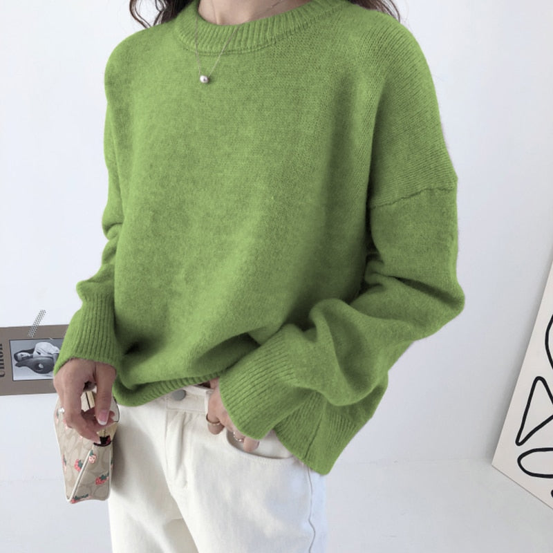 Voguable Elegant Women Sweater Oversized Knitted Basic Pullovers O Neck Loose Soft Female Knitwear Jumper