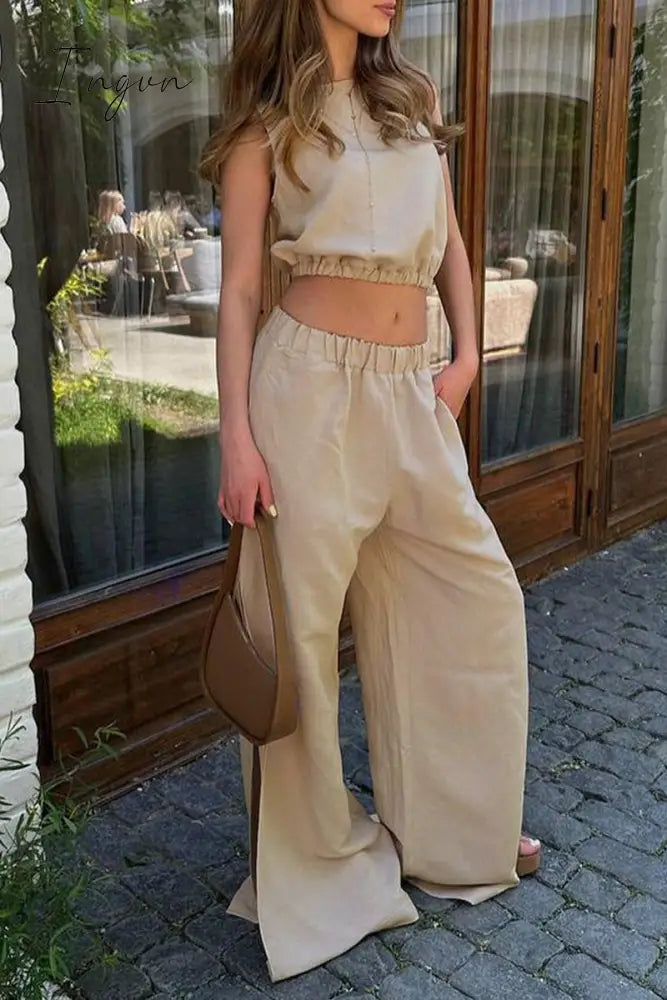 Ingvn- Casual Simplicity Solid Pocket Slit O Neck Sleeveless Two Pieces