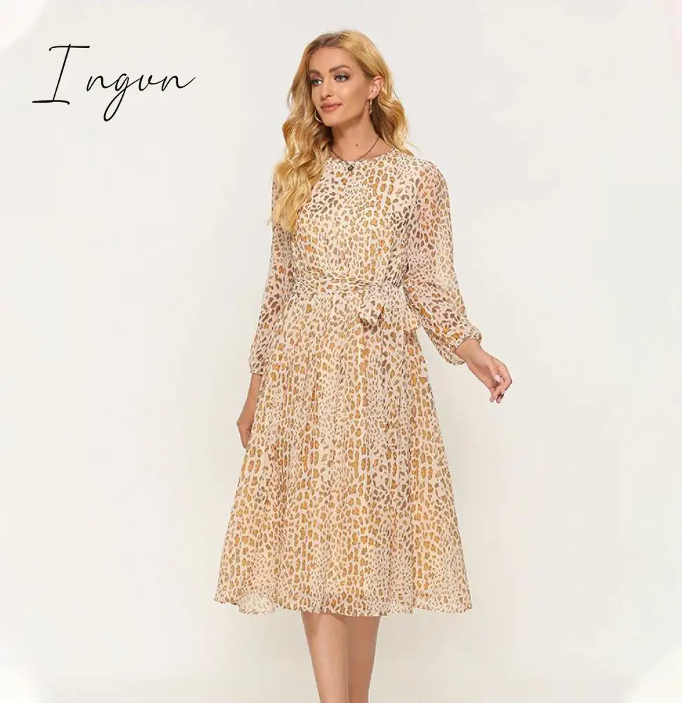 Ingvn - Summer Outfits Fashion Trends Elegant Dot Print Long Sleeve Polka Dress O Neck Chiffon A Line Women Casual Dress Vintage Midi Vestidos