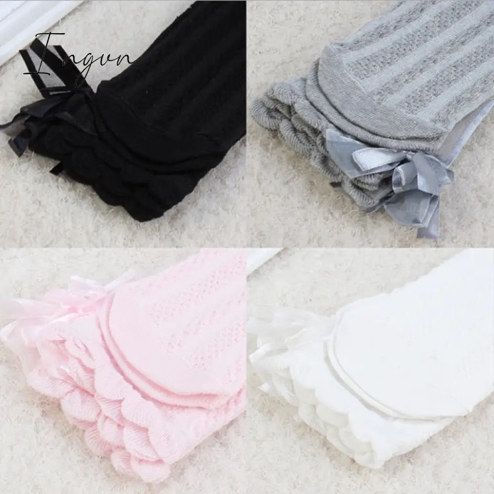 Ingvn - Spring Summer Girls Knee High Socks for Kids Children Bowknot Mesh Breathable Long Tall Socks White Gray Black Pink 3-12 Years