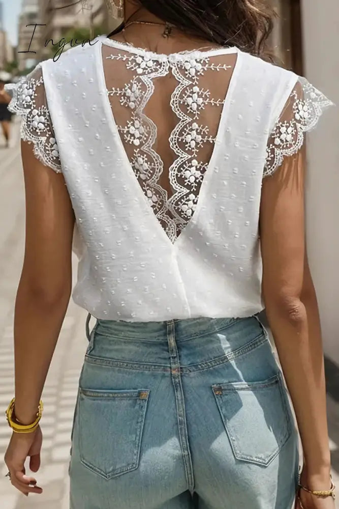 Ingvn - Elegant Solid Lace V Neck Tops