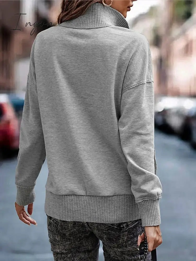 Ingvn - Women's Sweatshirt Pullover Basic Button Front Pocket White Pink Brown Solid Color Casual V Neck Long Sleeve Top Micro-elastic Fall & Winter