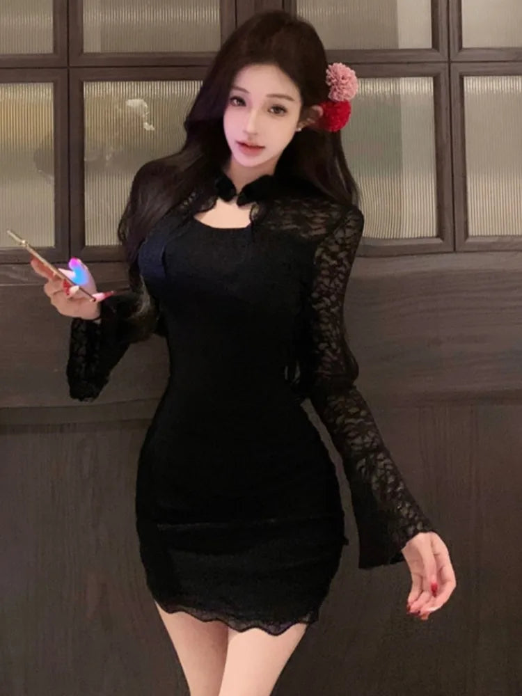 Sexy Black Womens Dresses Elegant Lace Patchwork Flare Long Sleeves Half Open Collar Bodycon Party Mini Dress Short Vestidos