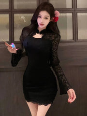 Sexy Black Womens Dresses Elegant Lace Patchwork Flare Long Sleeves Half Open Collar Bodycon Party Mini Dress Short Vestidos