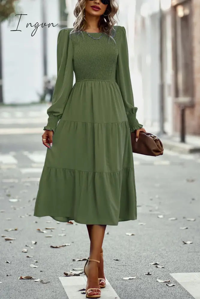 Ingvn - Smocked Long Puff Sleeve Tiered Midi Dress