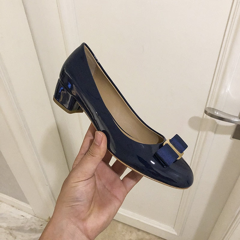 Patent Leather Bow In A Thick Single-heel Women's Shallow Flat-soled High-heeled Red Wedding Shoes Spring Shoes
