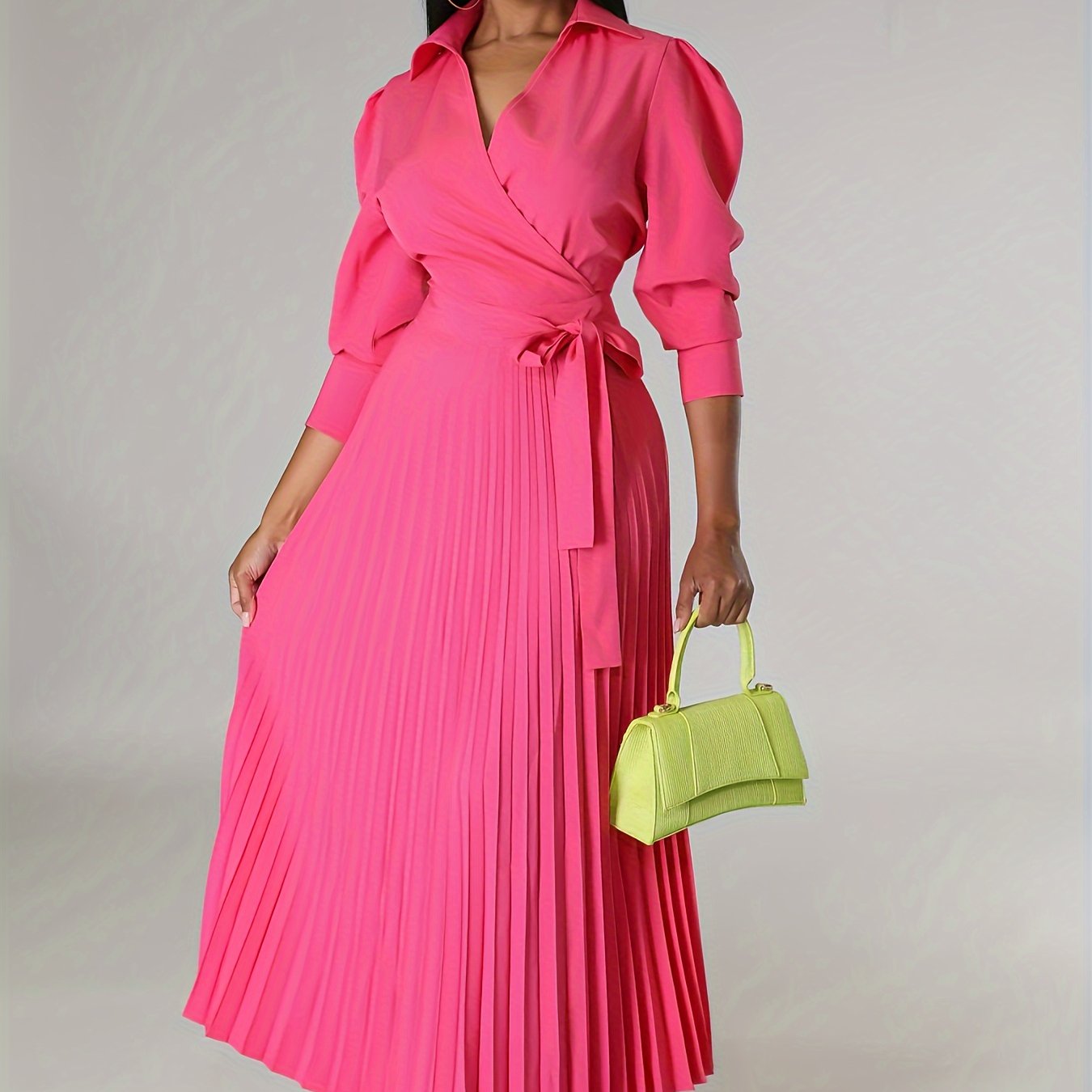 Solid Pleated Dress, Elegant Knotted V Neck 3/4 Sleeve Dress, Women's Clothing