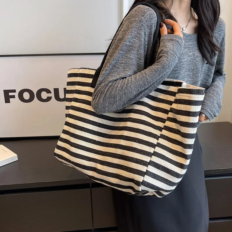 Ingvn  Commuter Bag Women Fashion Large-capacity Handbag Bag Student Striped New Niche Zebra Canvas One-shoulder Mommy Tote Bags