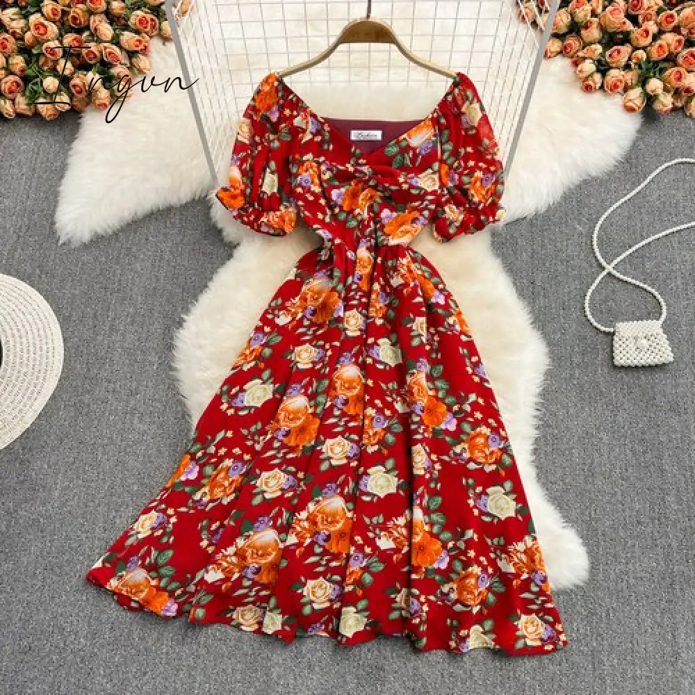 Ingvn - Summer Outfits Ladies French Retro V-neck Floral Women Dress Elegant Draped Flowers Short Puff Sleeves Slim Fairy Mid-calf A-line Dress