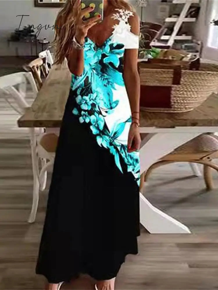 Ingvn - Women's Long Dress Maxi Dress Casual Dress A Line Dress Floral Dress Floral Print Ombre Fashion Casual Outdoor Daily Holiday Cut Out Print Short Sleeve V Neck Dress Regular Fit Light Yellow Black