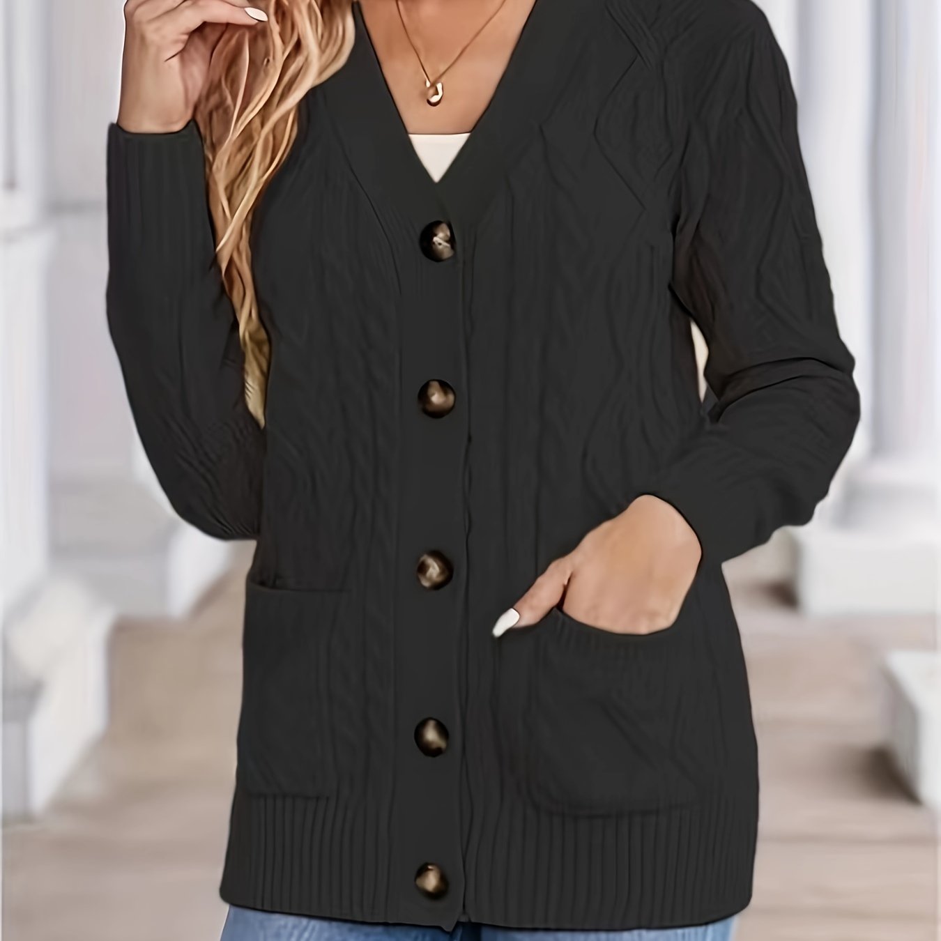 Cozy Cable Knit Long Sleeve Cardigan - Women's Casual Single Breasted Cardigans with Pockets for Spring & Fall - Soft, Comfortable, and Stylish Women's Clothing