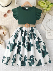 Girls Charming Floral Embroidered Dress - Soft Ribbed Flutter Sleeve - Perfect for Summer Casual Wear