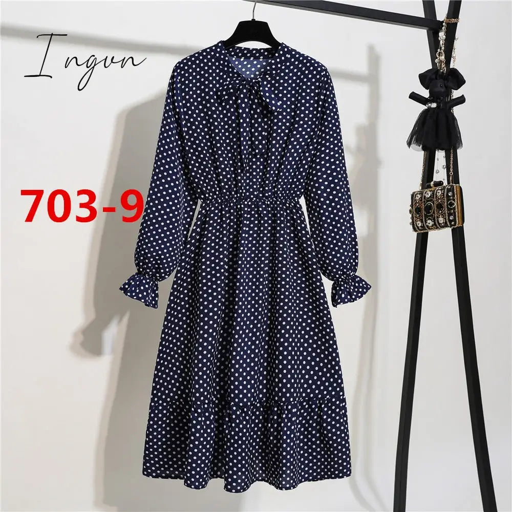 Ingvn - 11 Style Beautiful Fashion Summer Women Long Sleeve Dress Retro Collar Casual High Waist Dresses Floral Print Chiffon Clothing