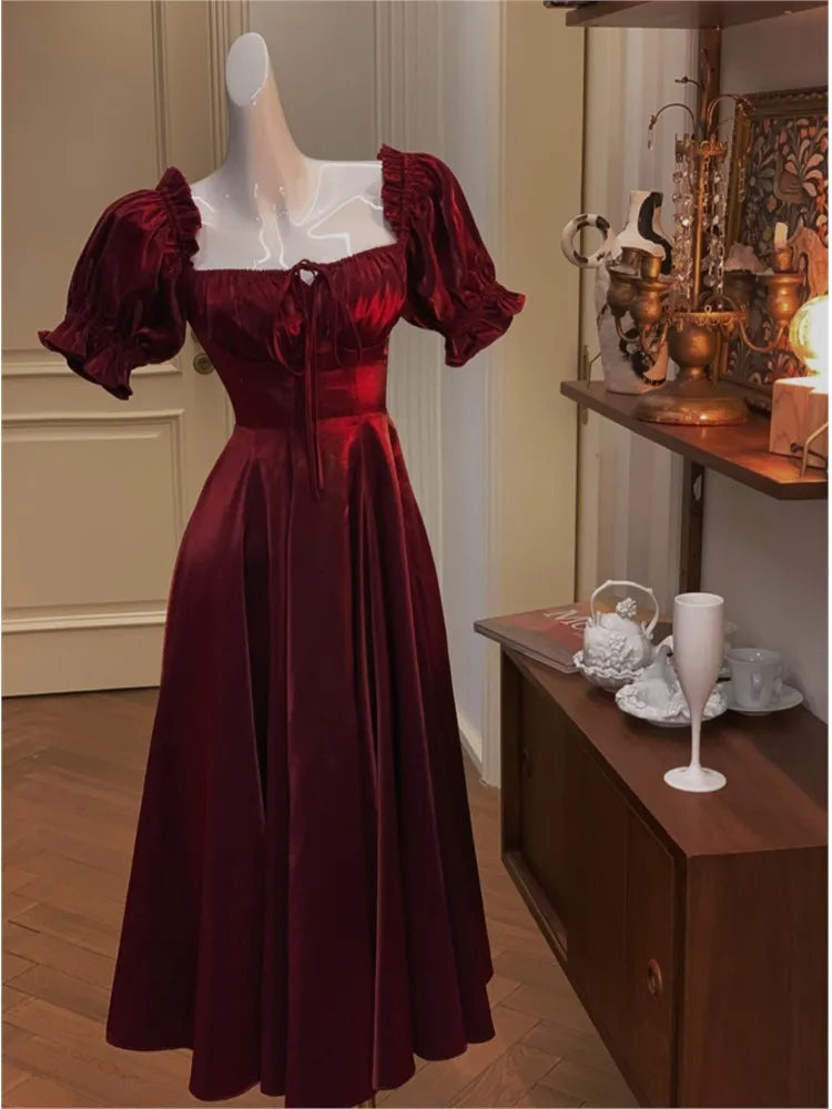 French Vintage Burgundy Evening Party Dress Women Summer Elegant Romantic Prom Vestidos Korean A-line Graduation Dresses