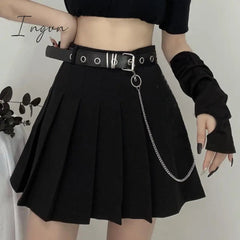 Ingvn - Black Pleated Skirt With Chain-Belt Punk Rock Girl Cheerleading Belted Mini Skirt Alt Women e-girl Outfit