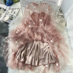 Ingvn - New Female O-neck Stars Sequined Mesh Shiny Fairy Dress Women Elegant Bling Gauze Princess Puff Dresses Vestidos De Fiesta
