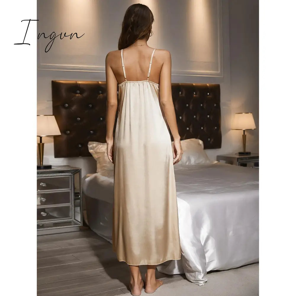 Ingvn - Nightdress Women's Summer Split Lace Suspenders Imitation Silk Pajamas Home Clothes