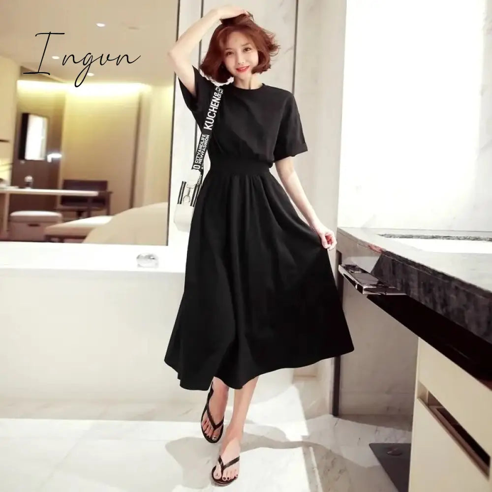Ingvn - Round neck high waist Korean style dress