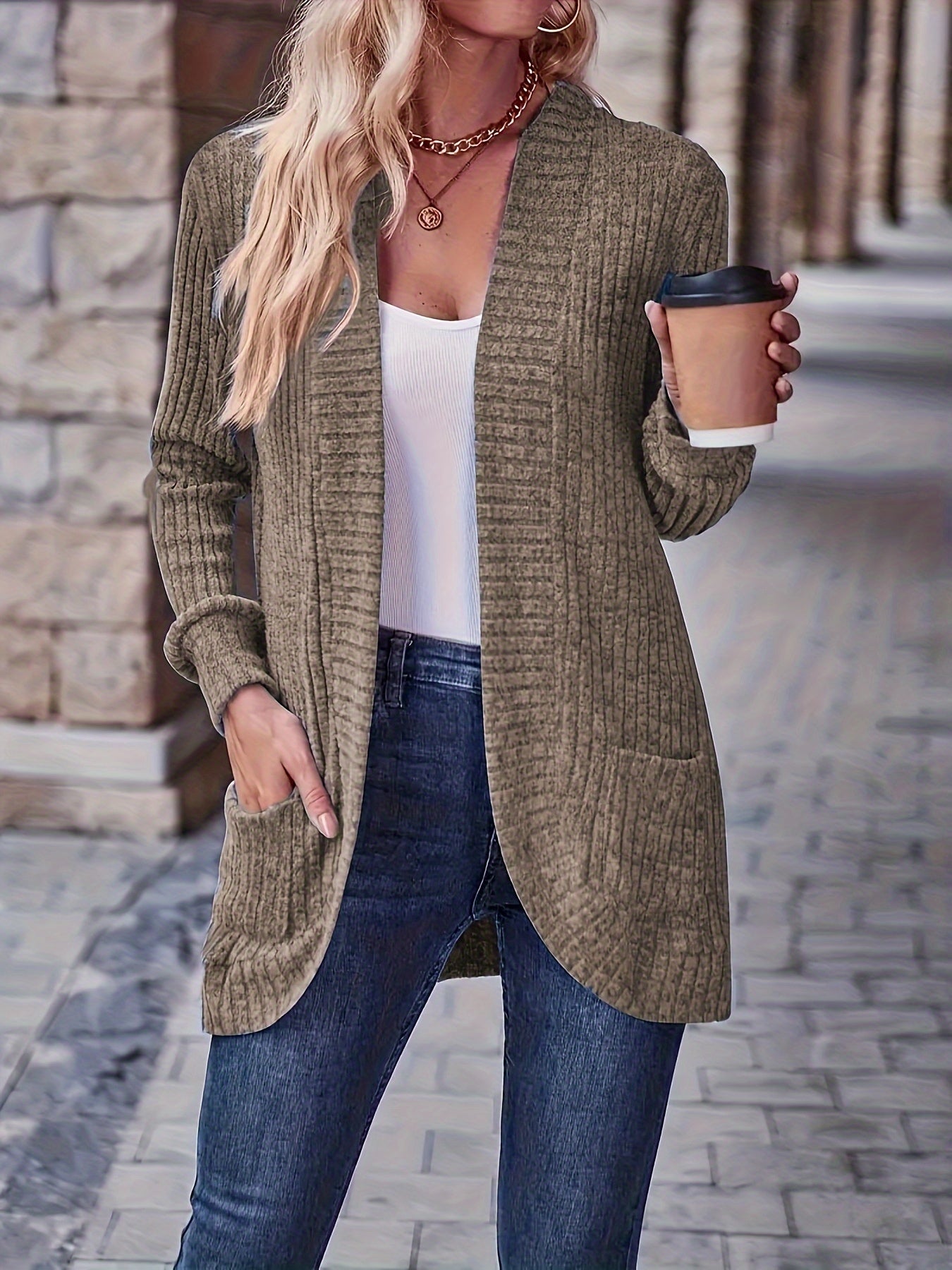 Solid Color Open Front Cardigan, Versatile Long Sleeve Pockets Cardigan For Spring & Fall, Women's Clothing