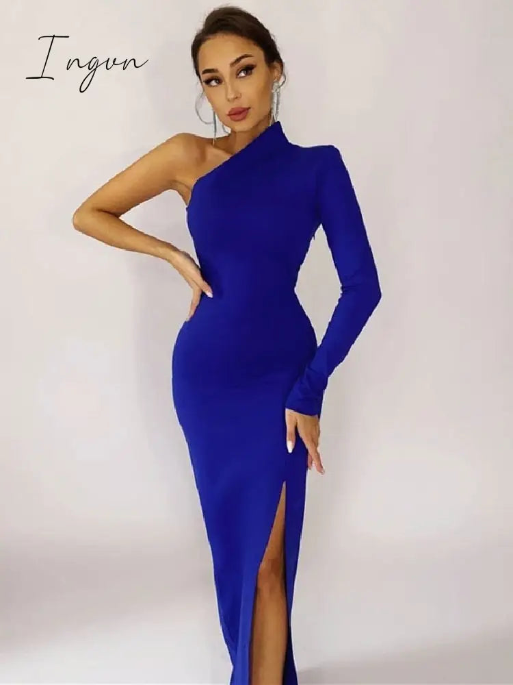 Ingvn - Elegant Dresses for Women Summer One Shoulder Maxi Dress Bodycon Sexy Black Long Fomal Wedding Evening Party Dress Fashion