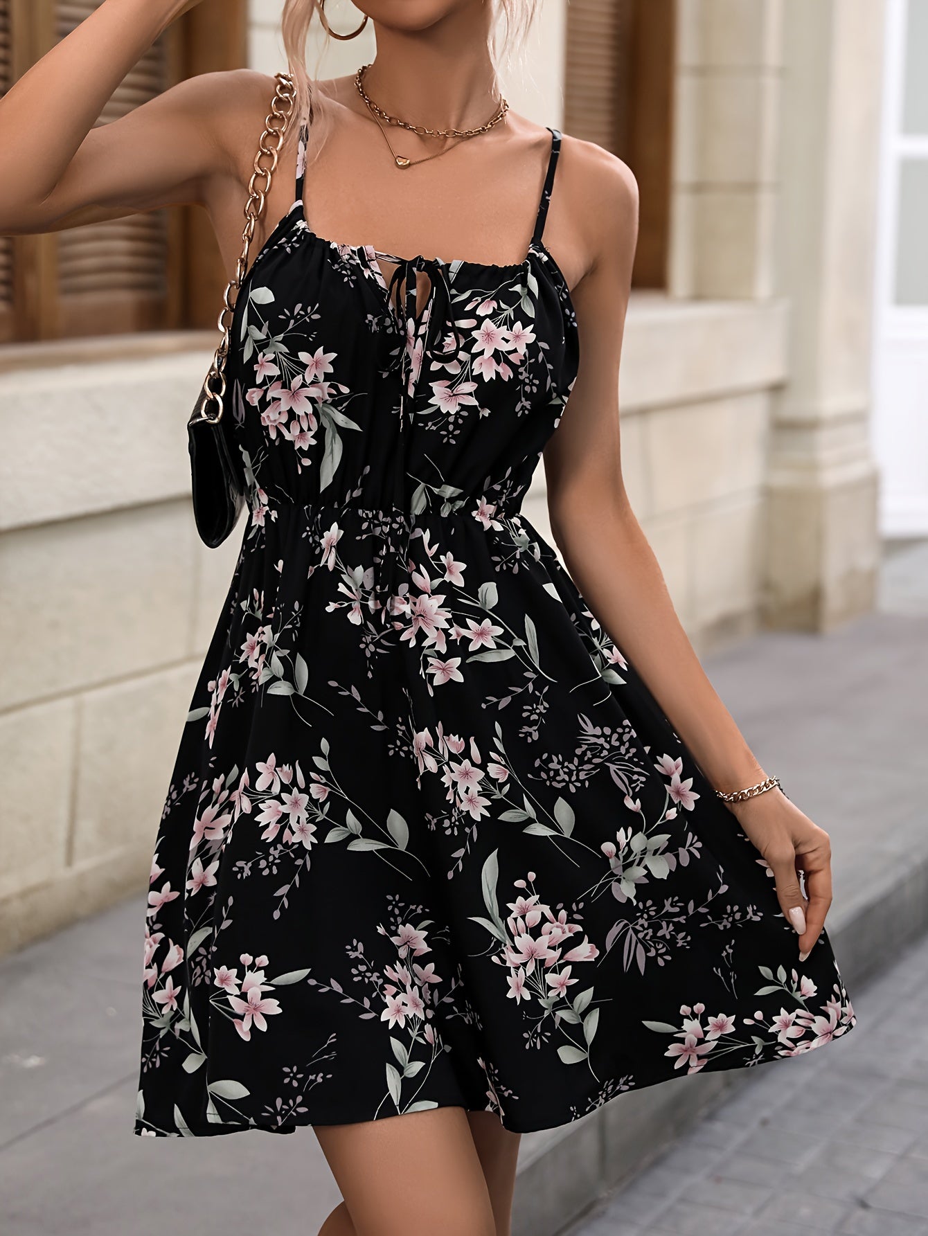 Vibrant Floral Print Pendulum Dress - Elegant Spaghetti Strap Sleeveless Dress with Drawstring Waist for Women - All Season, Polyester, Woven, No Sheer, No Elasticity