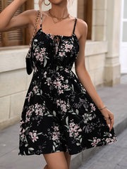 Vibrant Floral Print Pendulum Dress - Elegant Spaghetti Strap Sleeveless Dress with Drawstring Waist for Women - All Season, Polyester, Woven, No Sheer, No Elasticity