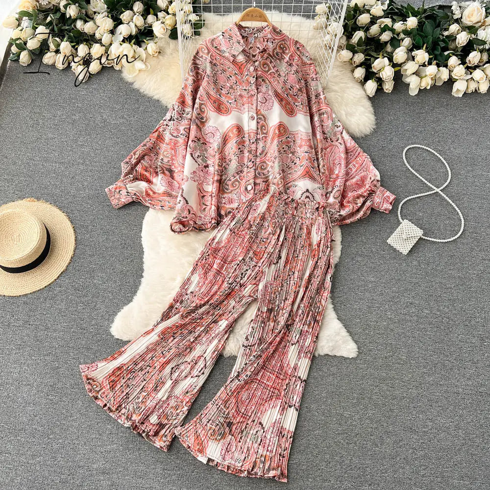 Ingvn - Women's Dress Spring Retro Print Casual Set Design Batwing Sleeve Single Breasted Blouse+High Waist Long Pants Two Piece Suits